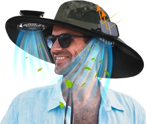 Vista 18 de Berlune Sombrero de sol para hombre con 2 ventiladores solares de ala ancha sombrero de pesca al aire libre USB y energía solar para protección