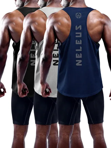 Vista 22 de NELEUS - Paquete de 3 camisetas sin mangas, con espalda en Y, Dri-Fit, para hombre, para gimnasio