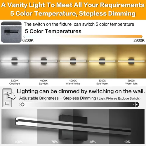 Vista 3 de SOLFART Lámparas de baño regulables sobre espejo LED modernas de 5CCT, luz de tocador negra de 24 pulgadas, luces de pared