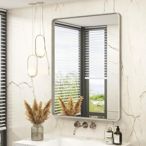 Vista 17 de Espejo rectangular para pared de baño de 20x30 pulgadas con marco negro mate, espejo de tocador con esquinas redondeadas, espejo de baño de metal
