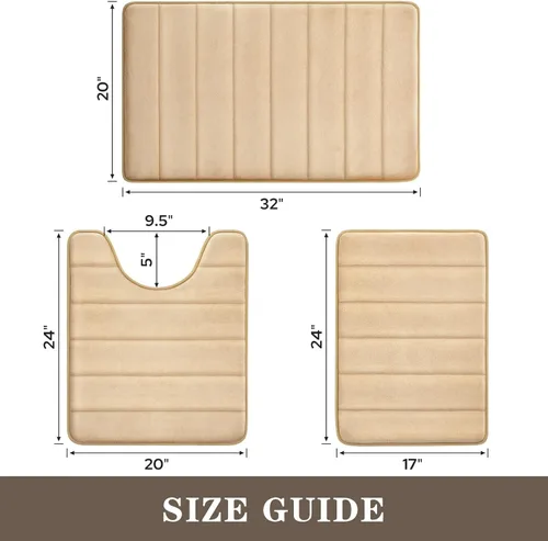 Vista 3 de BYSURE Juego de 3 tapetes de baño de espuma viscoelástica color beige, antideslizantes, extra suaves, absorbentes, lavables a máquina y secos