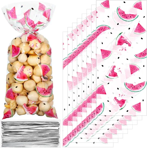 100 bolsas de golosinas de sandía de celofán, bolsas de dulces de verano, decoraciones de fiesta temáticas de sandía a granel con 100 lazos