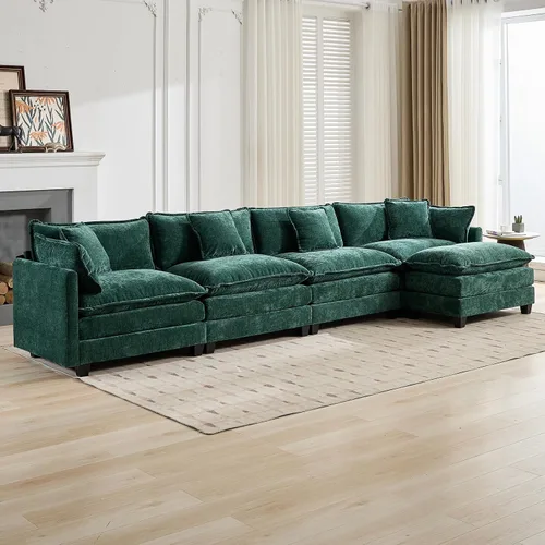 Vista 195 de Sofá seccional modular beige de 117.3", sofás seccionales grandes de 3 plazas para sala de estar, sofá nube oversized de tela chenille con otomana