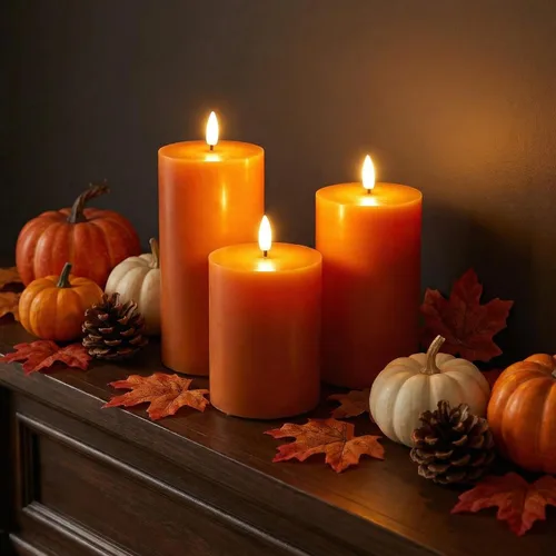 Vista 4 de Eywamage Velas de pilar sin llama de otoño naranja con control remoto, velas LED parpadeantes de cera de Acción de Gracias, funciona