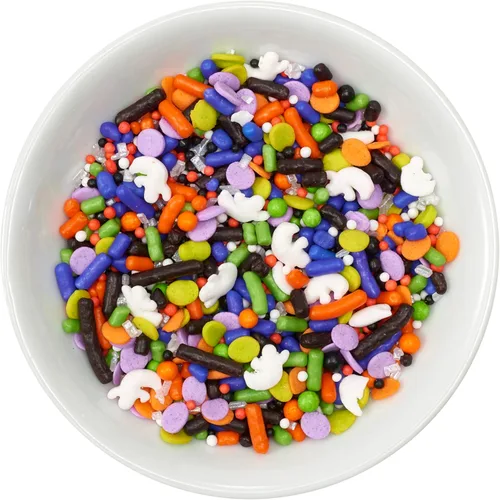 Vista 3 de DecoPac Gránulos de mezcla de fusión de Halloween, 26 onzas, chispas de caramelo en forma en recipiente de mano, decoraciones comestibles