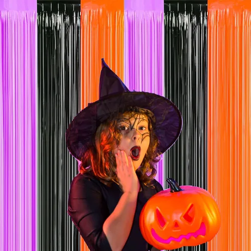 Vista 6 de FOIMAS Paquete de 3 cortinas de flecos de papel de oropel de Halloween, 3.3 x 6.6 pies, negro, naranja, morado, oropel, serpentinas de flecos