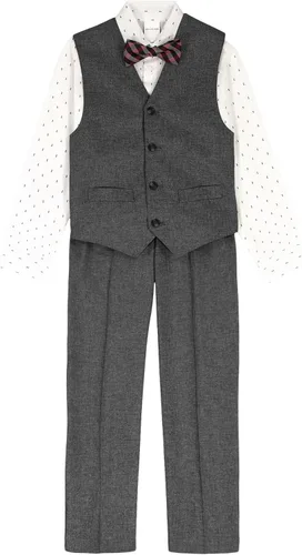 Vista 20 de Van Heusen Conjunto de traje formal de 4 piezas para niños, chaleco, pantalones, camisa de vestir con cuello y corbata Negro/ Rojo a rayas
