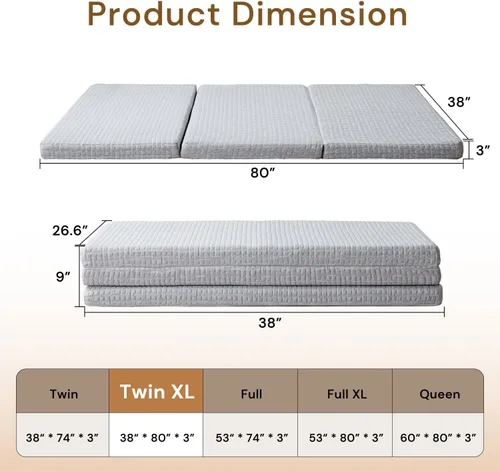 Vista 2 de Colchón plegable, tapete de espuma viscoelástica de 3 pulgadas para invitados, colchón portátil de triple pliegue para sala de estar/camping, funda