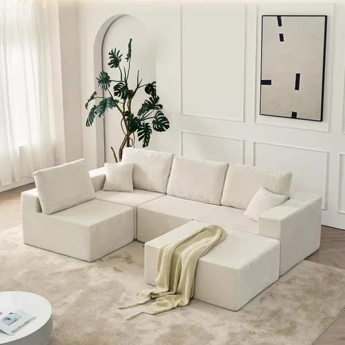 Vista 9 de 139.3 Inch Modular Sectional Sofa, Boneless Cloud Couch with Ottoman & Pillows, No Assembly L Shape Sleeper Sofa for Living Room, Bedroom, Beige - 4