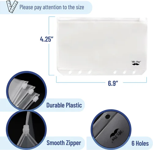 Vista 3 de Mr. Pen - Bolsillos para carpetas A6, paquete de 8, 6 agujeros, insertos de carpeta A6, sobres transparentes para efectivo, sobres de plástico