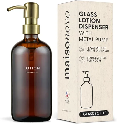 MaisoNovo - Juego de dispensador de jabón de 1 pieza Botellas ámbar de 16.9 oz con bomba de acero inoxidable dorado