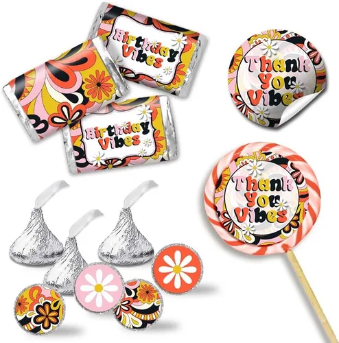 Groovy Birthday Vibes - Kit de calcomanías para fiesta de cumpleaños, 429 piezas. Incluye 60 calcomanías circulares de 2 pulgadas para recuerdos y