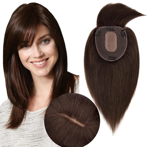 Vista 8 de Toppers de cabello humano real para mujer, sin flequillo, más grande de 5.1 x 5.9 in, base de seda, 150% de densidad, con clip, piezas superiores