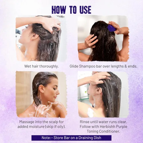 Vista 6 de Herbishh Paquete de 5 barras de champú morado para cabello rubio con biotina, barra sólida para neutralizar los tonos cobrizos, fortalecer y agregar