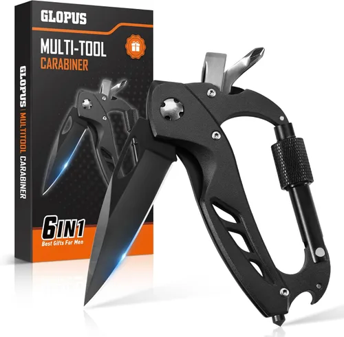 Vista 9 de Mosquetón multiherramienta con cuchillo de bolsillo, equipo EDC con cuchillos plegables, abridor de botellas, rompevanas y destornillador, regalos