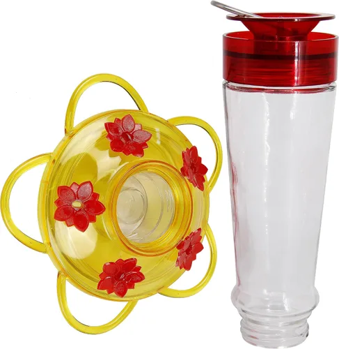 Vista 3 de Shrdaepe Comedero para colibríes, comedero para pájaros con botella de vidrio, 5 puertos de alimentación (rojo y amarillo)
