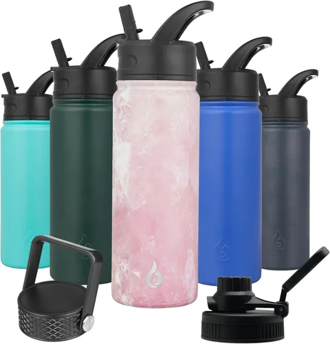 Vista 16 de BJPKPK - Botellas de agua aisladas con tapa de popote, botella de agua de acero inoxidable de 27 onzas con 3 tapas, termo de metal libre de BPA a