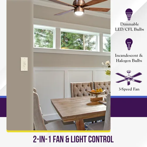 Vista 3 de Regulador de ventilador de techo de 3 velocidades ENERLITES y interruptor de luz LED atenuable, interruptor combinado de luz y ventilador, un solo