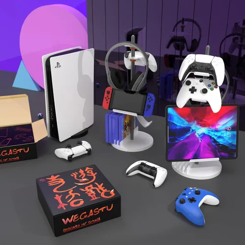 Vista 2 de WEGASTU Soporte para auriculares, soporte para controlador de PS5, soporte para accesorios de juegos, soporte para CD, soporte para iPad