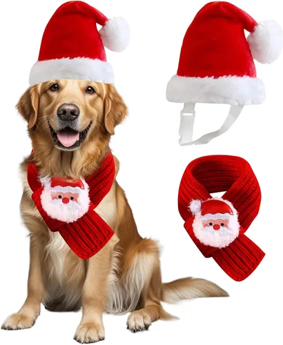 Vista 10 de Juego de gorro y bufanda de Navidad para perros pequeños, cachorros, gatos, 2 piezas de sombrero de Santa ajustable y bufanda de punto, disfraz
