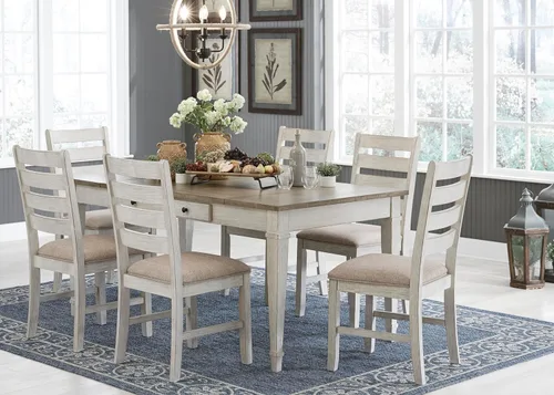 Vista 15 de Signature Design by Ashley Skempton Farmhouse - Mesa de comedor rectangular con almacenamiento, color blanco y marrón claro
