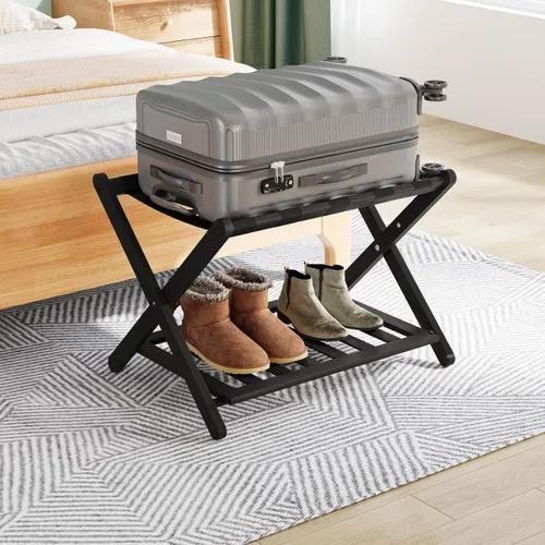 Vista 18 de Smuxee Portaequipajes de nogal totalmente montado, soporte de maleta plegable de bambú mejorado con 5 correas de nailon, soporte de equipaje