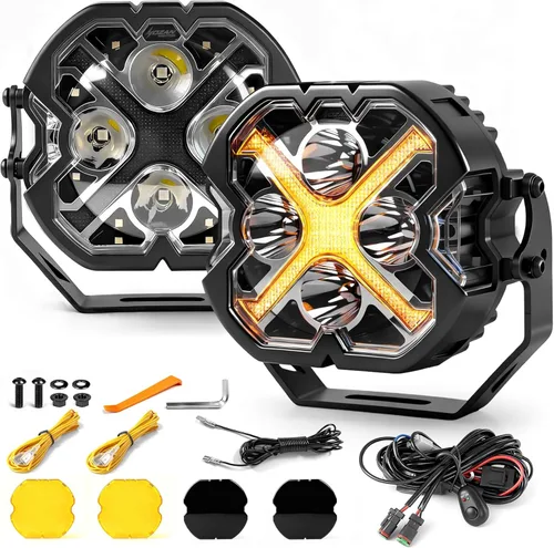 Vista 9 de X-Style - Luces LED de 4 pulgadas, 16000 lúmenes, disparador lateral, blanco y ámbar, DRL con cubiertas ámbar y negras, compatible con Wrangler