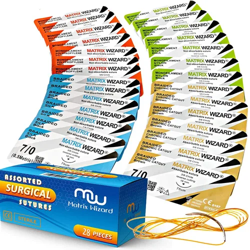 Hilo de suturas mixtas con aguja (28 PK disolvibles y no disolvibles: 0, 2-0, 3-0, 4-0, 5-0, 6-0, 7-0) – Primeros auxilios en campo de campaña,