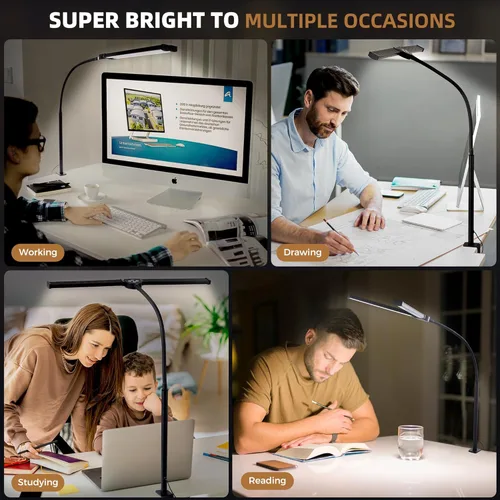 Vista 6 de Lámpara de escritorio LED para oficina en casa, luz de arquitecto para el cuidado de los ojos con abrazadera, lámpara inteligente de doble cabezal