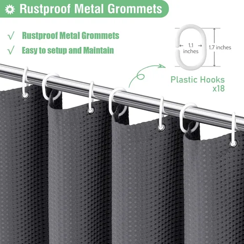 Vista 778 de Cortina de ducha de tela Dynamene verde oscuro - Cortinas de baño de tela de nido de abeja texturizadas resistentes, juego de cortinas de baño