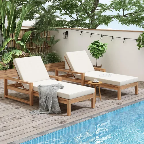 Juego de 2 sillas de descanso, silla de bronceado para patio, tumbona para exteriores con respaldo reclinable de 5 posiciones, para piscina, balcón