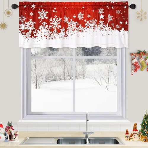 Vista 9 de CAROMIO Cenefa de cortinas de cocina de Navidad, cortinas cortas de terciopelo verde para ventanas, decoración floral de copo de nieve, cortinas