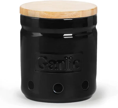ONTUBE Soporte de ajo con tapa de madera, contenedor de ajo cerámico de 4.5 pulgadas, contenedor de ajo para la cocina, guardador de ajo para