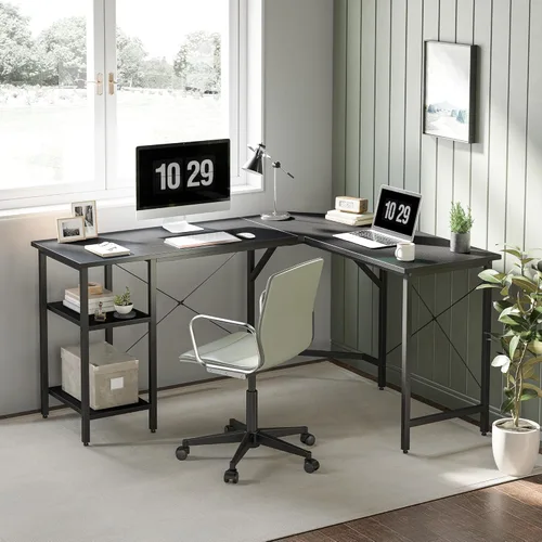 Vista 29 de CubiCubi Escritorio en forma de L de 59 pulgadas con puertos de carga USB y luces LED, escritorio de esquina para computadora con cajón y estante