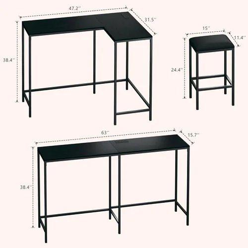 Vista 8 de HUAHUU Juego de mesa de bar y sillas para 2-4, mesa de cocina convertible en forma de L de 63 pulgadas con tomas de corriente, mesa de comedor