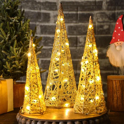 Baquler - 3 piezas de árboles de cono navideño con luces LED, adorno de árbol de Navidad dorado con purpurina, funciona con pilas, decoración