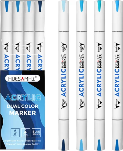 Dual Tip Brush Markers, 4 Pack Double Ended Acrylic Paint Pens - Permanent Water-Based for Rock Painting, Wood, Metal, Ceramic, Glass, Crafts & Kids