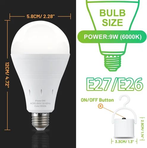 Vista 9 de DEBAOBULB Paquete de 4 bombillas de emergencia recargables, funciona con pilas, bombilla LED de bajo consumo de energía de 6000 K, luz diurna E26