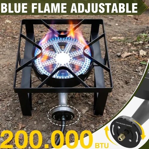 Vista 4 de BESTFIRE Quemador de propano resistente de 200,000 BTU - Estufa de exterior con regulador ajustable de 0-20 psi y manguera negra, ideal