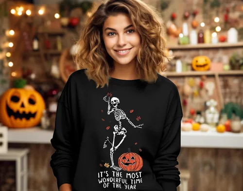 Vista 5 de YI XIANG RAN Sudadera de Halloween para mujer, diseño de esqueletos, estilo vintage, informal, holgada, cuello redondo, sin botones