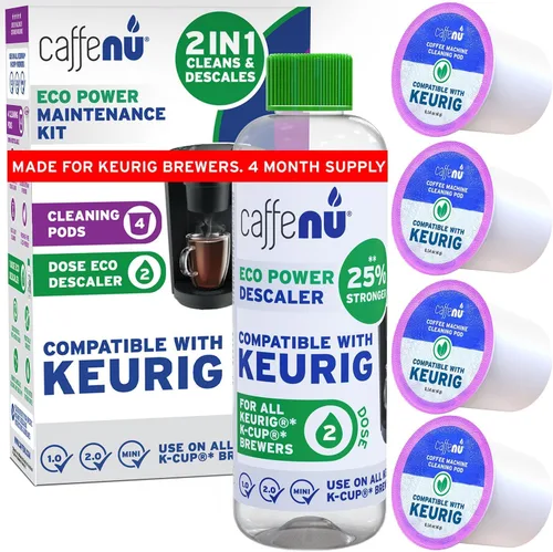 Solución de descalcificación compatible con Keurig y cápsulas limpiadoras Keurig. Elimina la cal y limpia el área de las cápsulas. Mejor sabor y