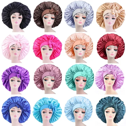Vista 8 de Gorro de satén de seda para dormir el cabello: gorro de noche ajustable para mujer, tamaño gigante, banda ancha cómoda para trenzas de cabello largo