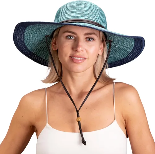 Vista 9 de Sloggers Sombrero de sol trenzado de ala ancha para mujer con cordón de viento, protección solar máxima UPF 50+ Marrón claro