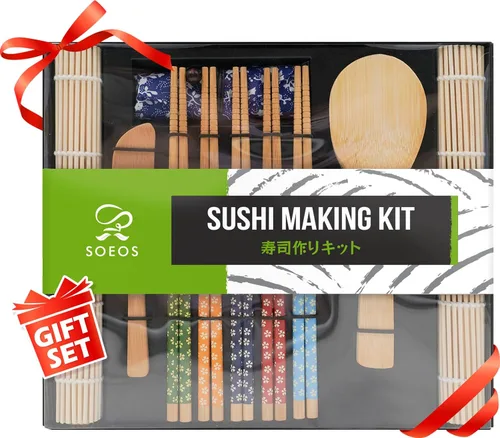 Soeos Kit de fabricación de sushi para principiantes, kit de 10 piezas de sushi de bambú con 2 alfombrillas de bambú, 5 pares de palillos, paleta y