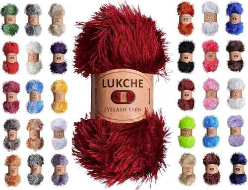 Vista 63 de Hilo de Pestañas de Pelo Divertido Premium 100% Poliéster 164 Var (150 Mt), 3.53 Oz (100 Gr) Hilo de Ganchillo Colorido DIY para Tejer a Mano. Rojo