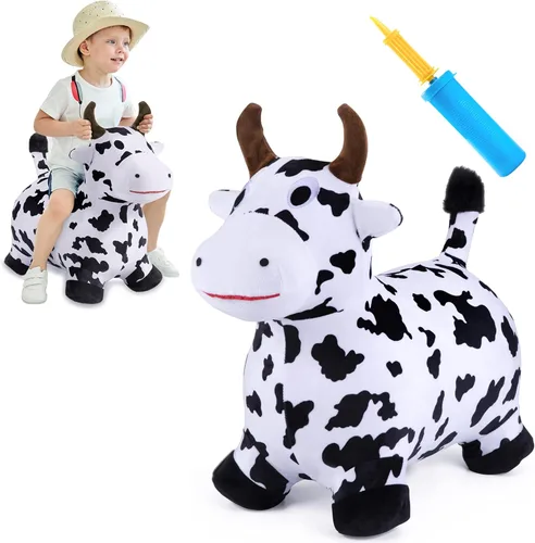 Vista 8 de Caballo saltarín iPlay, iLearn, caballo de juguete de felpa cubierta para montada de niños pequeños, con bomba (color amarillo)