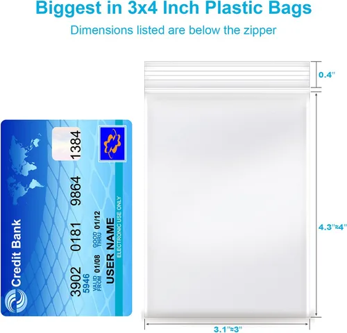 Vista 2 de 100 bolsas de plástico, bolsas de joyería de 3 x 4 pulgadas, bolsas de plástico transparente, cremallera resellable, bolsas pequeñas transparentes