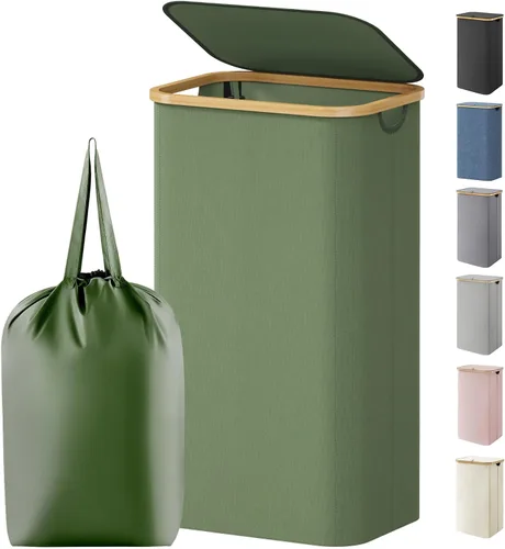Vista 11 de Lifewit Cesta de lavandería de 80 litros con tapa, cestas de ropa para lavandería con asas de bambú y una bolsa de lavandería extraíble, cesta Beige