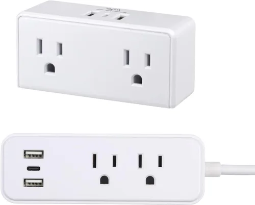 Vista 13 de Clear Power Regleta de alimentación de 2 salidas con 3 puertos USB (1 USB-C), enchufe plano, cable de alimentación de 6 pies, estación de carga