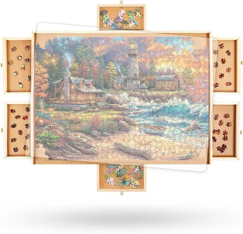 Vista 10 de Tablero de rompecabezas giratorio de 1000 piezas con cajones y cubierta, 4 cajones, mesa de rompecabezas de madera 30 x 22 pulgadas Tablero